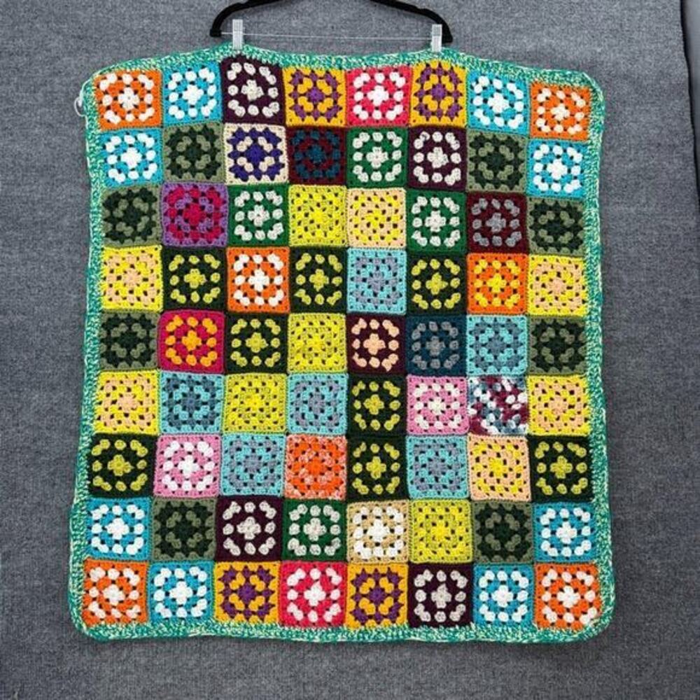 Crochet Granny Square Baby Blanket Small Ivory Multicolor Handmade 33X38 Afghan